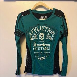 Affliction Women's Teal and Black Graphic Long Sleeve Tee